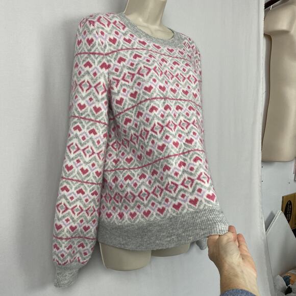 LOFT Sweater Womens Large Gray Pink Heart Fair Isle Balloon Sleeve Cozy Chunky - Picture 3 of 11